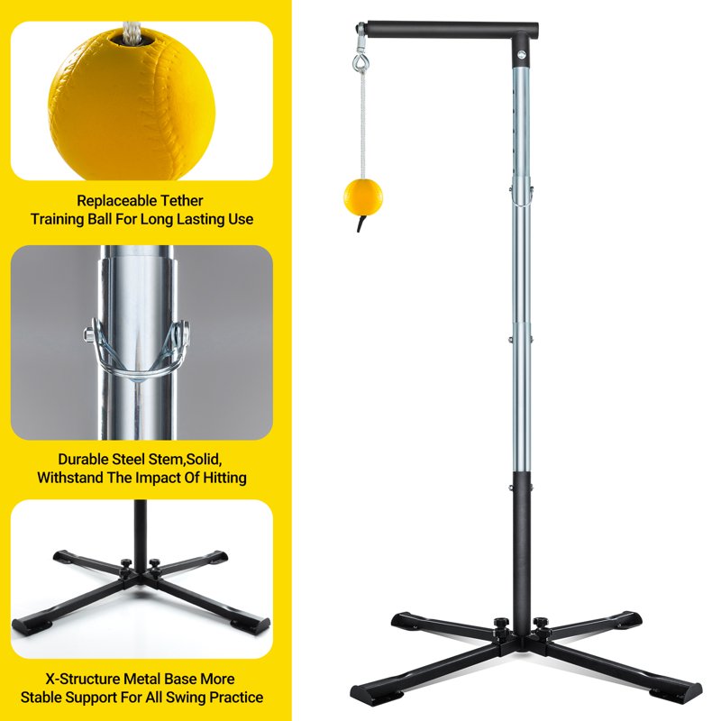 Adjustable Baseball Batting Tee with Auto-Reset Tethered Ball for Softball and Baseball Practice