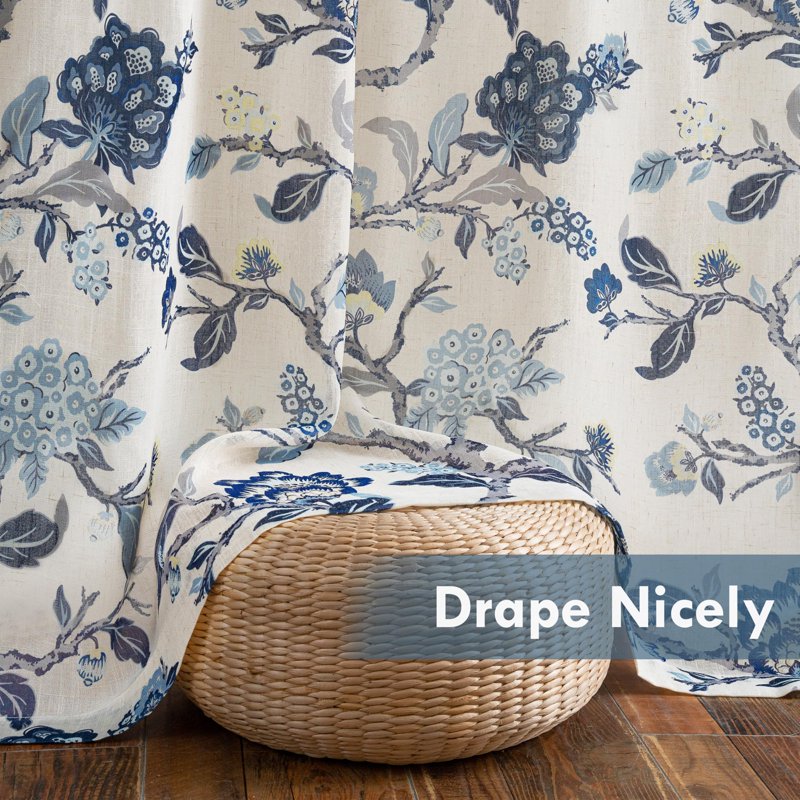 Thermal Insulated Linen Blend Blackout Window Curtains Set of 2 - Floral Botanical Pattern