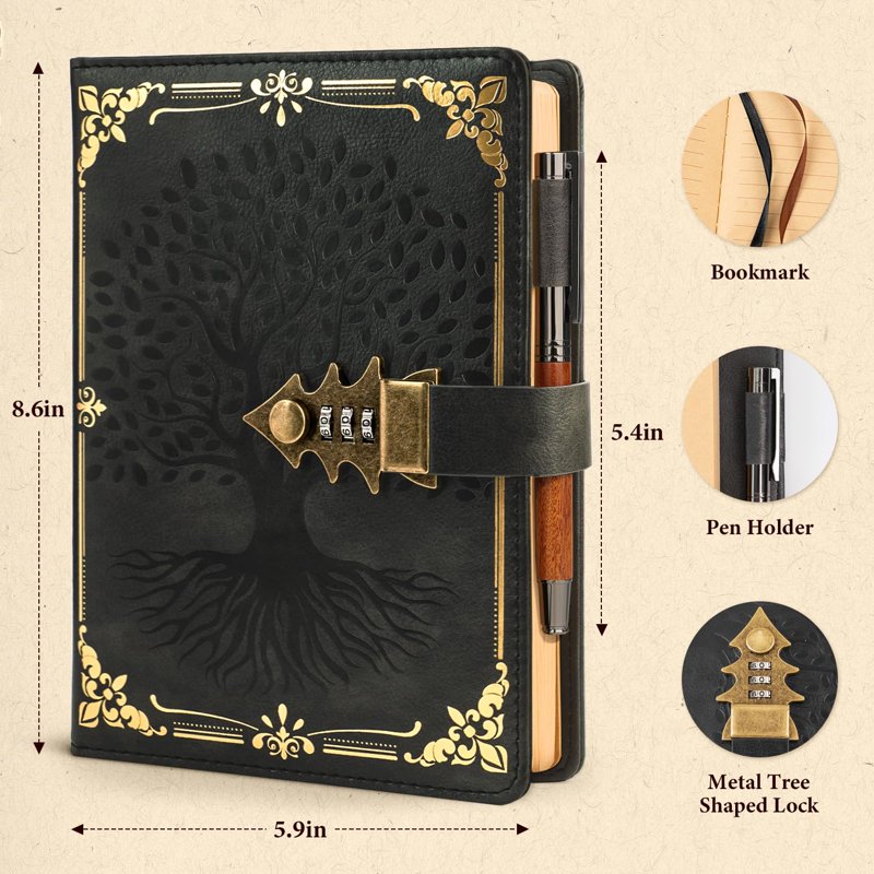 Password Protected Leather Notebook with Lock, A5 PU Cover - Multiple Colors