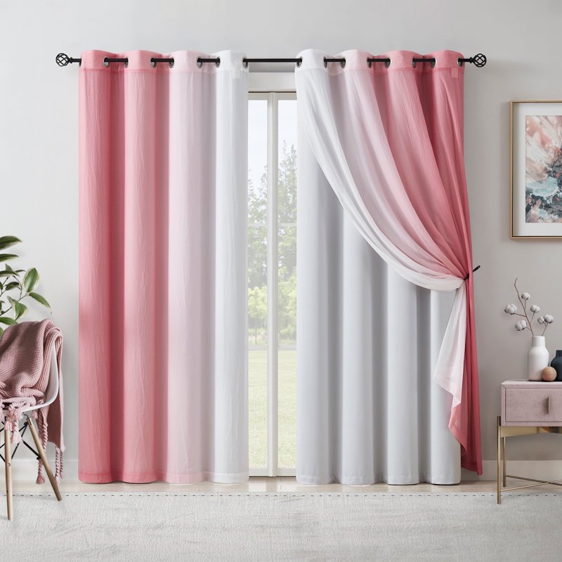 Blackout & Sheer Curtain Set - Pink Ombre, Energy Efficient, 4 Panels