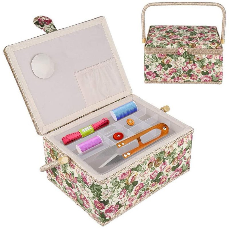 Large Vintage Sewing Basket with Compartments for Needles Thread and Supplies