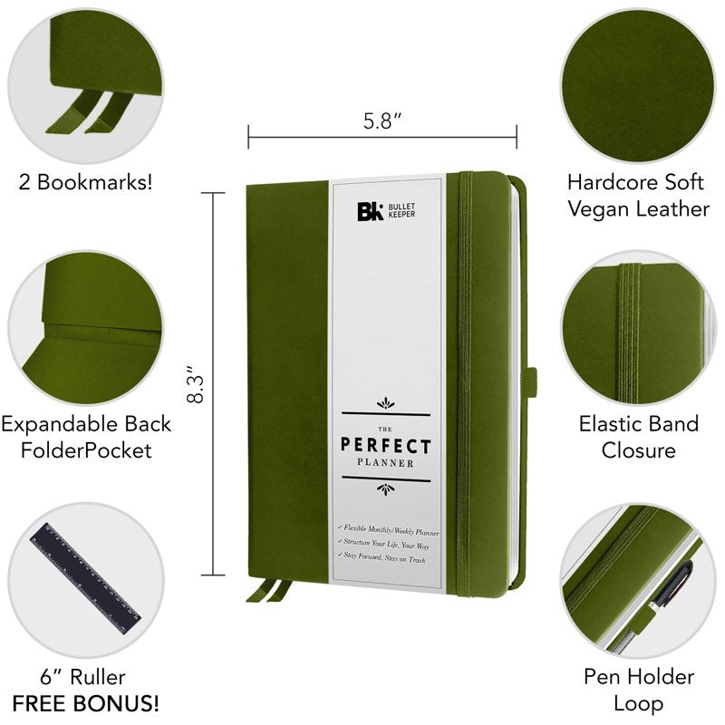 Undated Weekly Monthly Planner with Sticker Set and Bookmark - A5 Personal Organizer, Green Hardcover