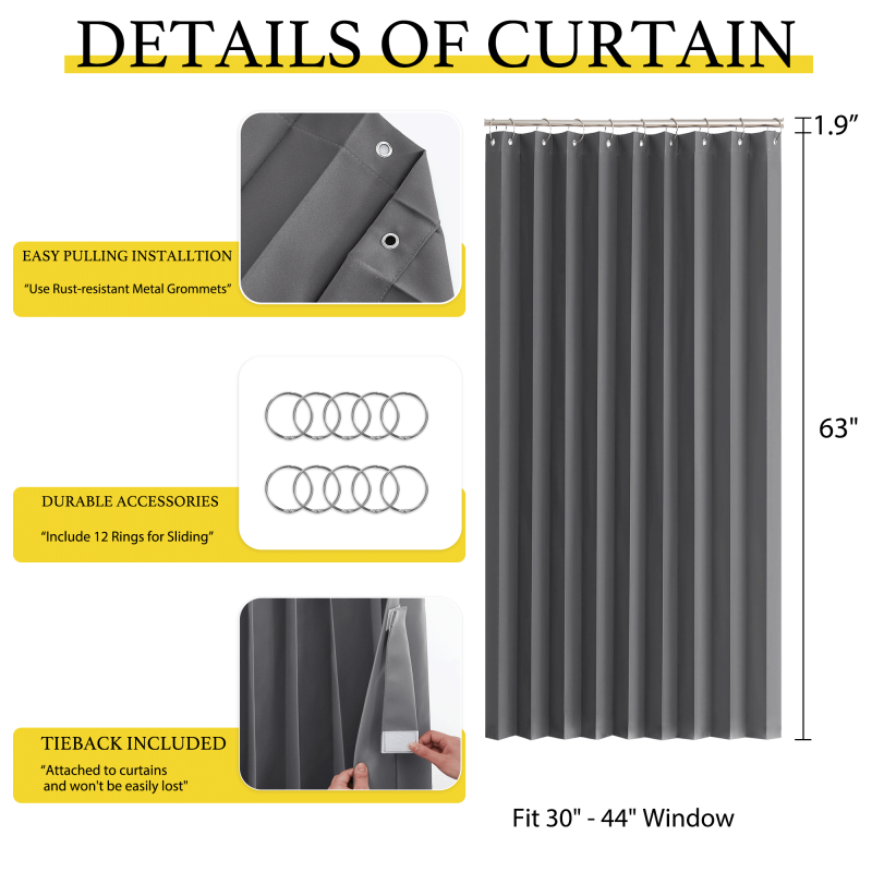 Blackout Door Curtain Room Divider Privacy Panel 50x63 Inches - Grey