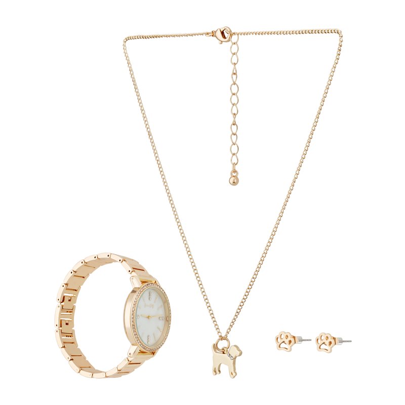 Ladies Gold Metal Strap Analog Watch with Necklace & Earrings Set - Holiday 2022