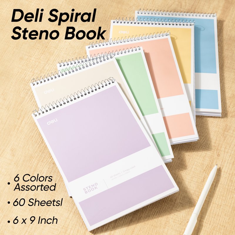 Spiral Steno Pad with Gregg Ruled Paper, 6x9 Inch, 60 Sheets, Assorted Pastel Colors