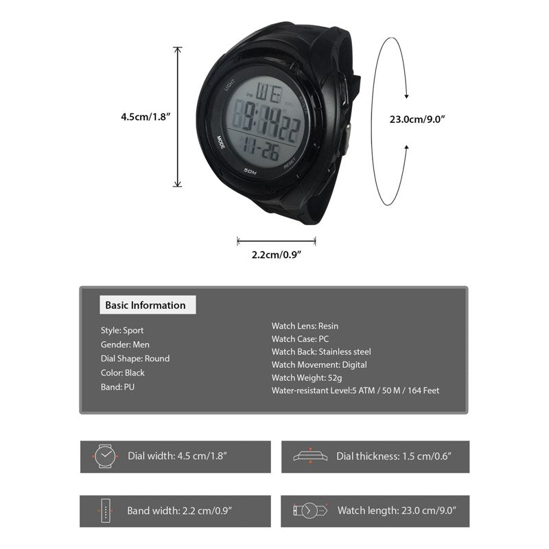 Digital Sport Wristwatch for Men with Water Resistance and Backlight