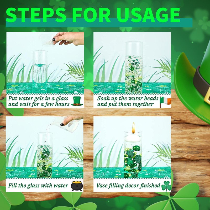 Holiday Vase Filler Set Shamrocks Green Beads & Faux Diamonds for St Patrick's Day Decor