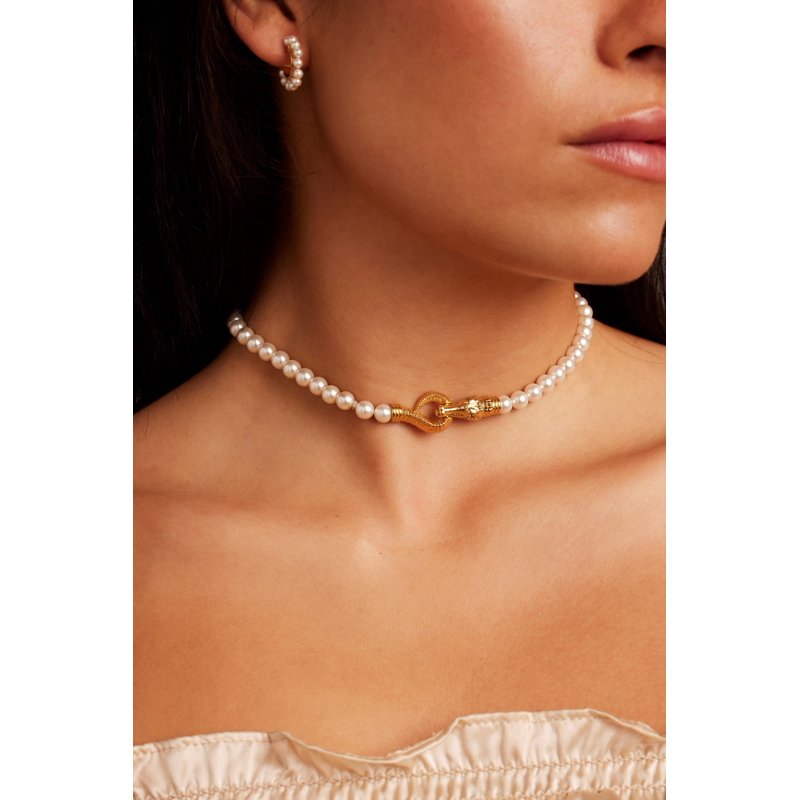 Silver Pearl Necklace with Croc Closure - Unisex Adult Jewelry