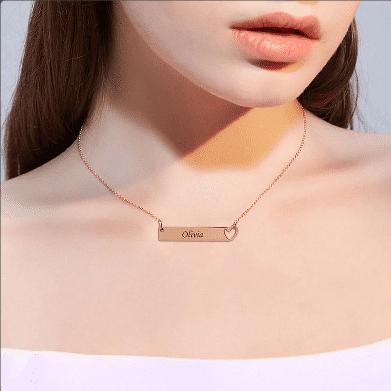 Personalized Name Necklace - Engraved Heart Bar Jewelry in Silver, Gold & Rose Gold