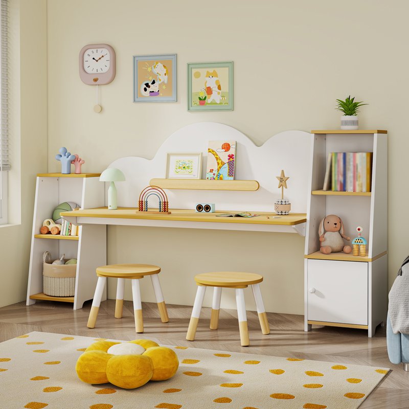 Kids Double Study Desk and Chair Set with Storage, Large Wooden Writing Table