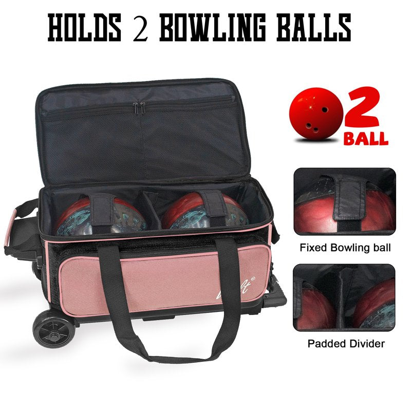 WOLT Lightpink Double Roller Bowling Bag for 2 Balls - 40" with Retractable Handle