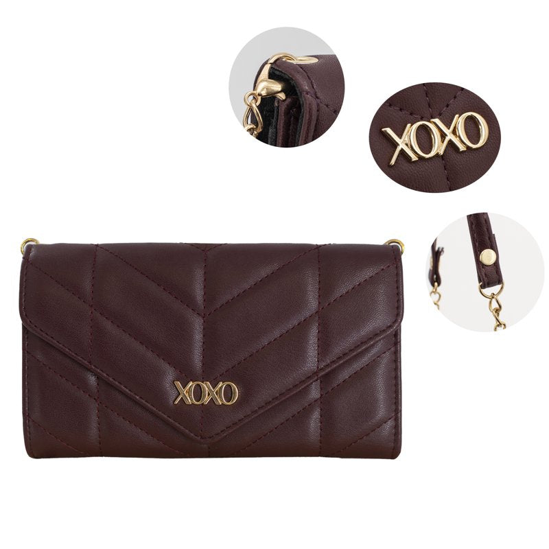 Women's Vegan Leather Quilted Fold Wallet with Crossbody Chain - Wine