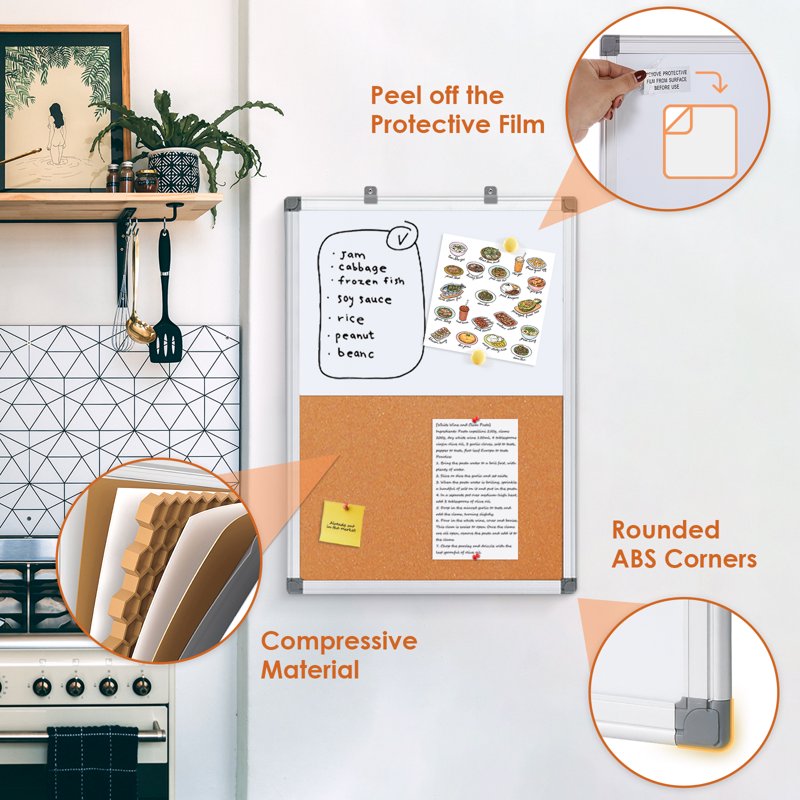 Combination Dry Erase Cork Board 24x18 Inches - Magnetic Whiteboard & Bulletin Board