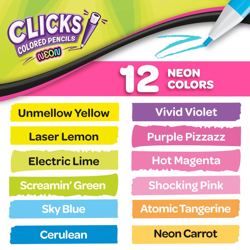 Crayola Clicks Neon Retractable Color Pencils - 12 Pencils, Neon Set