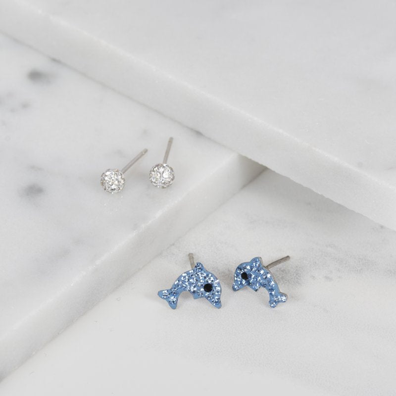 Sterling Silver 2-Piece Earrings Set with Crystal Ball and Dolphin Designs for Women & Teens