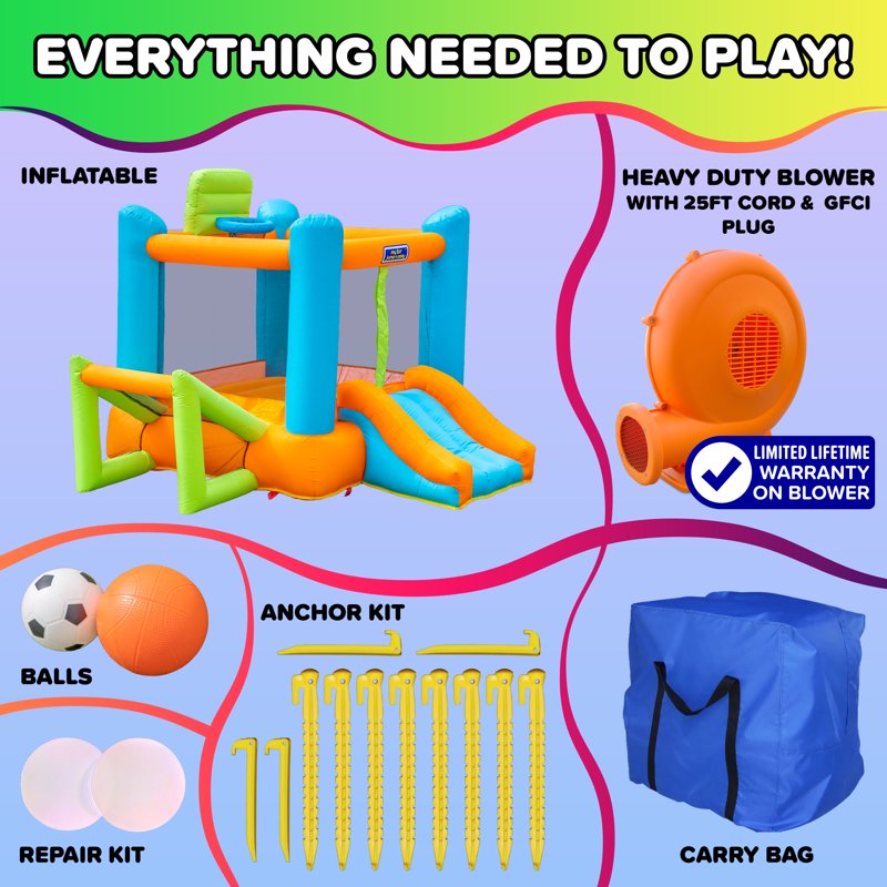 Sportspower My 1st 4-in-1 Inflatable Bounce House with Blower, Soccer Goal & Basketball Hoop