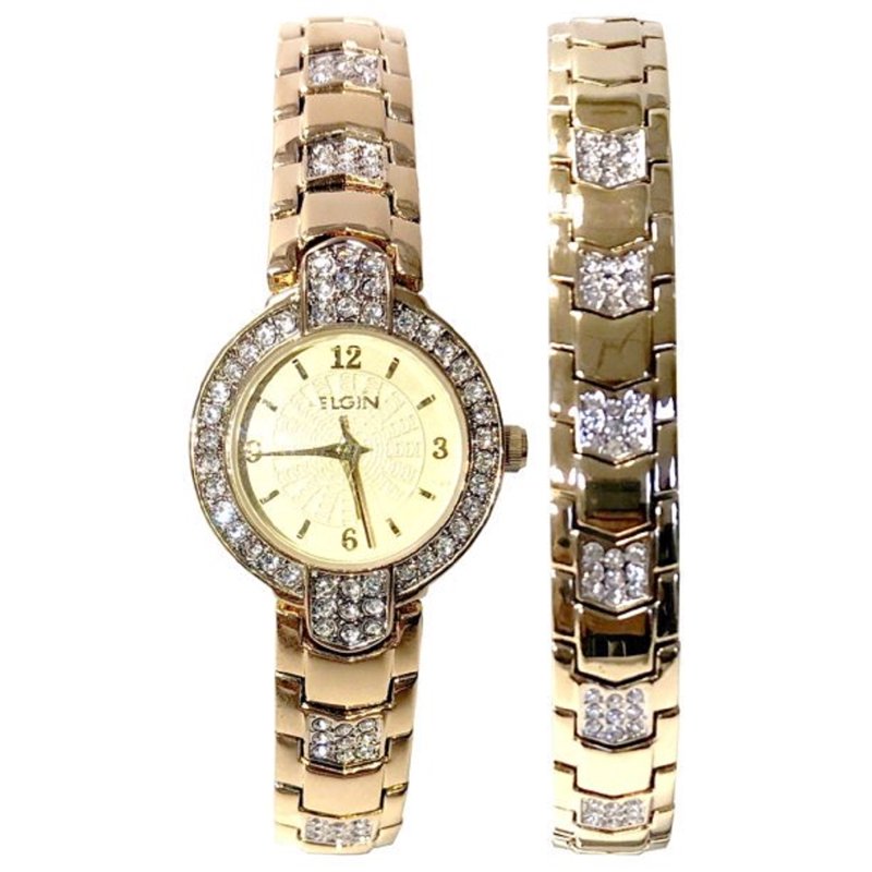Gold Analog Watch Set for Women with Arrow Link Bracelet - Elgin EG1010ST