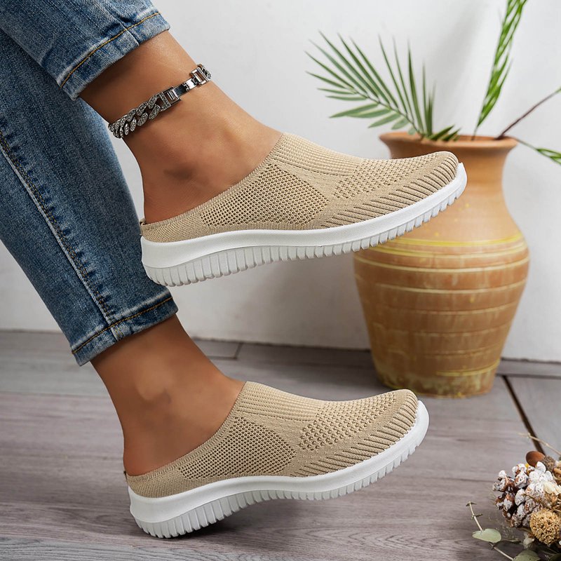 Women's Breathable Knit Slip-On Walking Shoes - Non Slip, Soft Sole, Backless Sneakers
