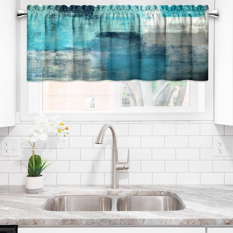 Modern Abstract Kitchen Valance Curtains - Turquoise Grey Window Treatment 18x52 inches