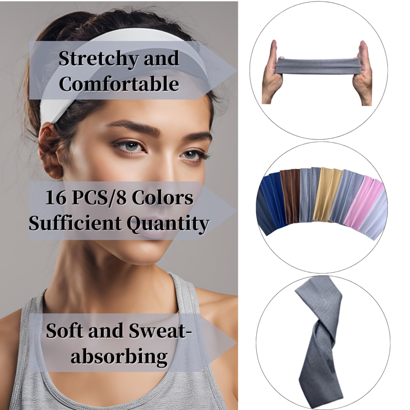 Workout Headbands for Women 16 Pack - Breathable Elastic Sports Hairbands