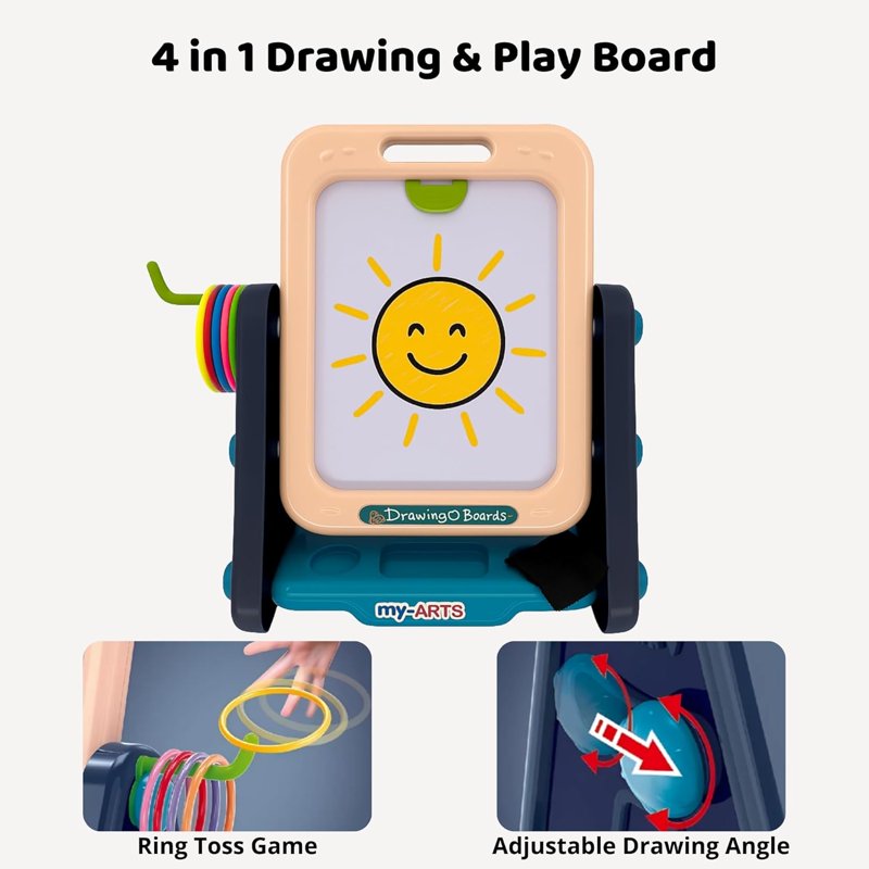 Kids Art Easel 4-in-1 Double Sided Toddler Drawing Whiteboard & Chalkboard with Ring Toss Game