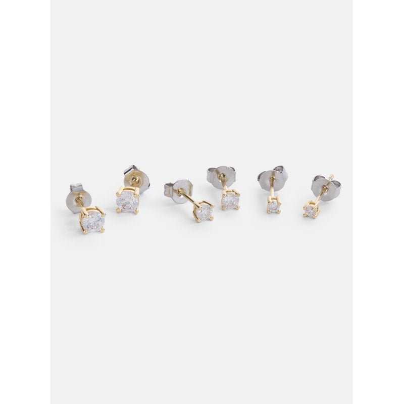 Women's Demi-Fine Gold and Silver Cubic Zirconia Stud Earring Set — 3 Pairs