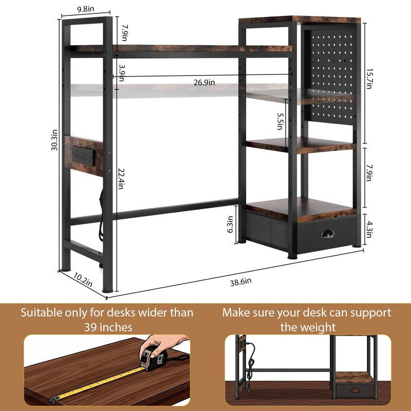 Desktop Bookshelf with Charging Station LED Light Adjustable Shelf 3-Tier Organizer