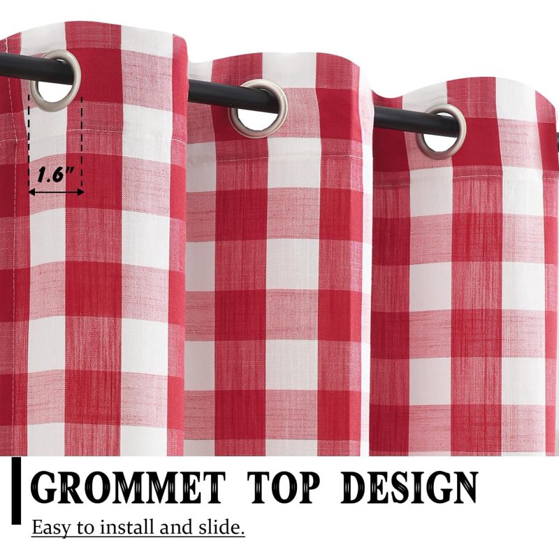 Buffalo Check Semi Sheer Curtain Panels Gingham Farmhouse Style Grommet Top Window Drapes