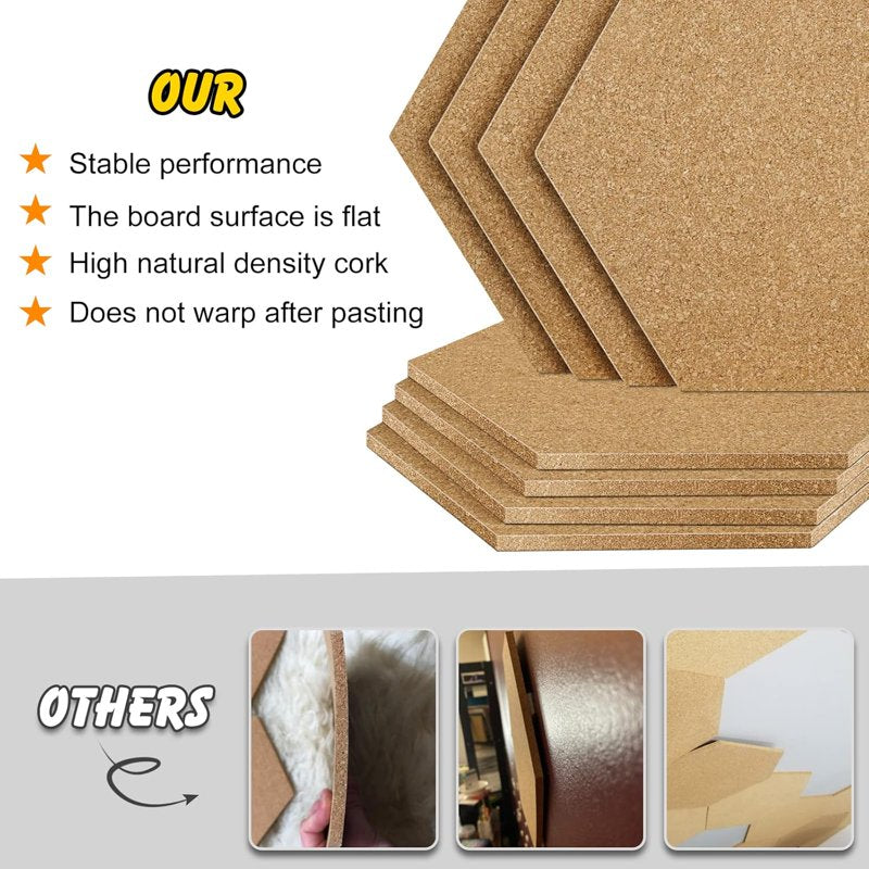 8 Pack Hexagon Cork Bulletin Boards with Self-Adhesive Backing & Push Pins for Home Office School Decor