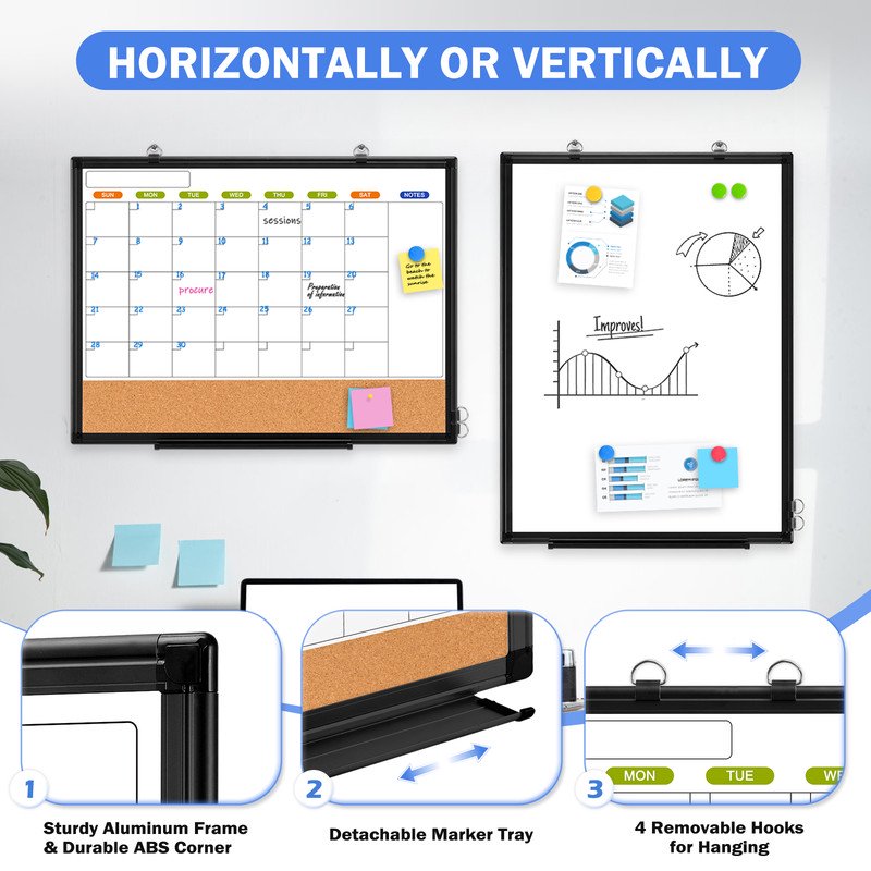 Magnetic Whiteboard Calendar & Cork Board Combo - 24x18, 36x24 Inches, Double-Sided Wall Mount