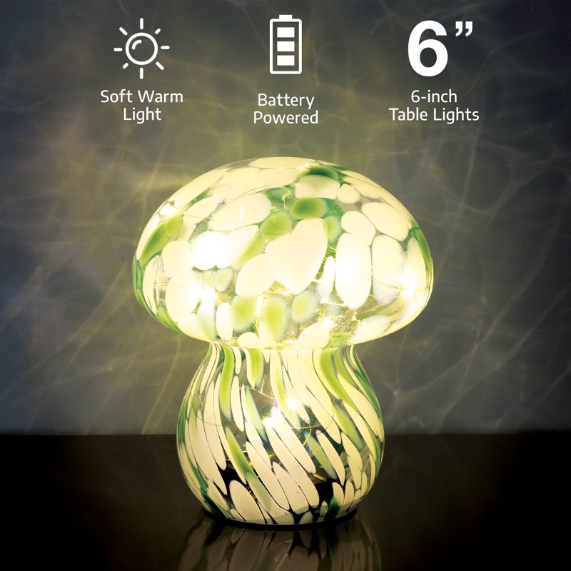 Mushroom Confetti Glass Lamp with Fairy Lights - Sage White Decor