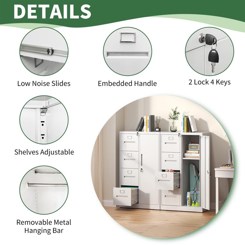 Lockable Metal File Cabinet with 4 Drawers and Wardrobe - Office & Home Storage