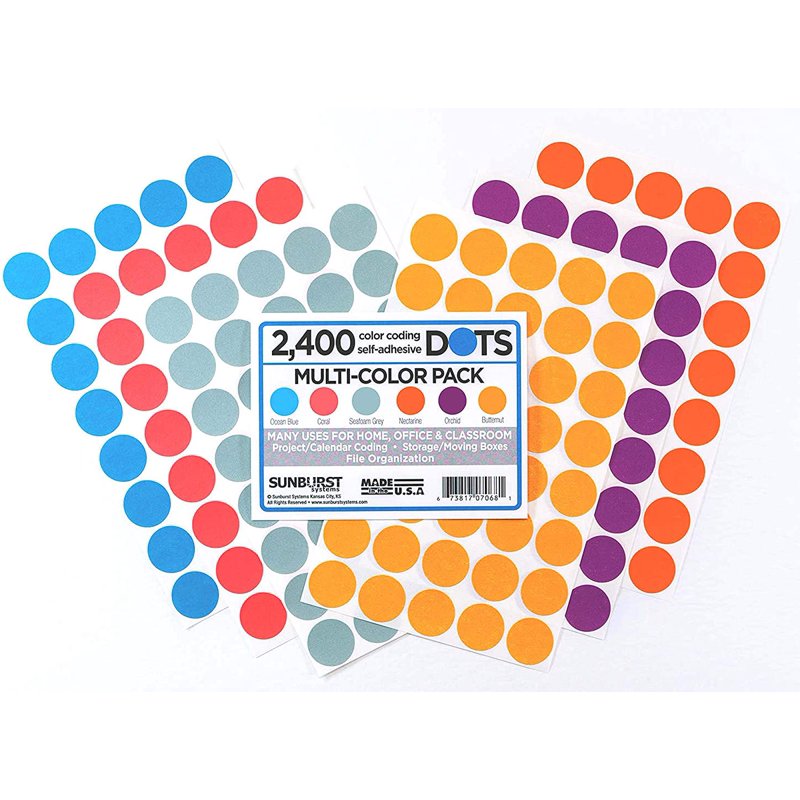 Multi-Colored Dot Coding Labels - 3/4 Inch, 2400 Count Organization Stickers