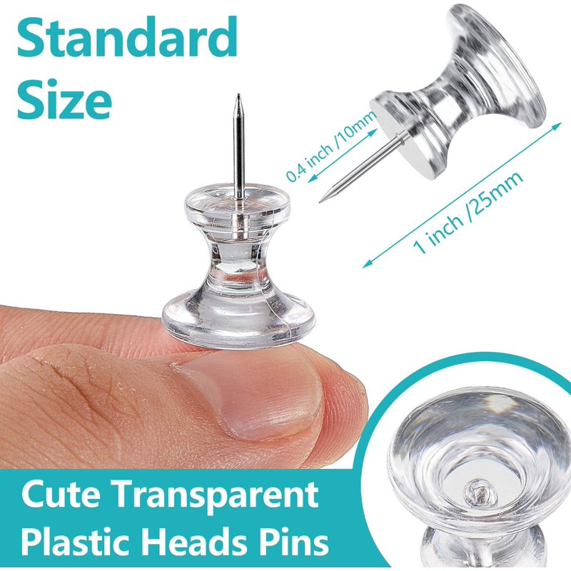 Large Clear Push Pins 1 Inch - Steel Point & Plastic Head for Cork & Bulletin Boards (100 Pieces)
