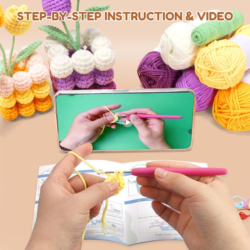 Beginner Crochet Kit with Hook and Tutorials for Creating Potted Tulip Plants