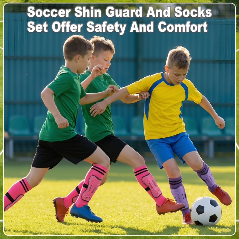 Kids Shin Guards with Socks - 2 Pairs Protective Soccer Gear for 6-10 Years (Rose & Purple)