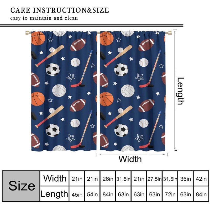 Sports Theme Curtains for Kids Bedroom & Living Room - Cartoon Basketball Football Soccer Print Insulated Drapes, 2 Panels