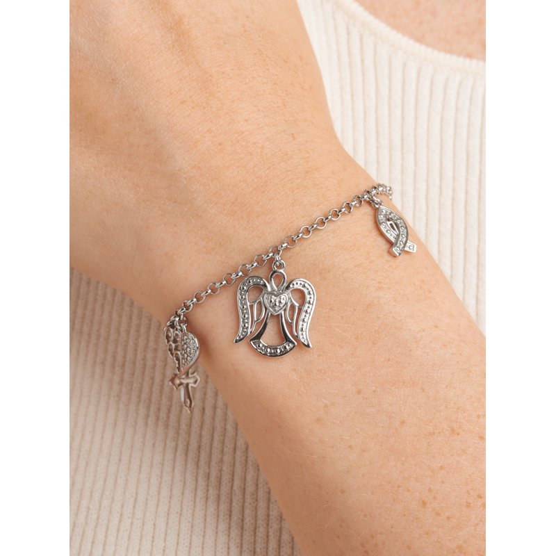 Women's Diamond Charm Bracelet Set - Silver Plated Brass, 7.25 Inch