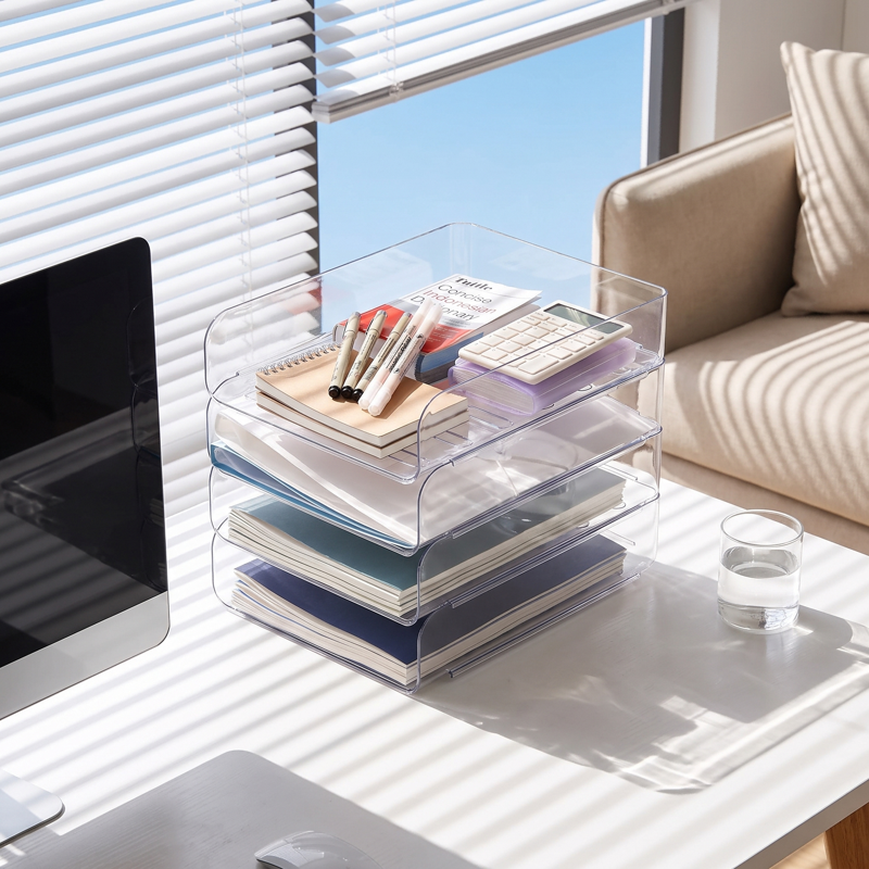 Stackable Desk Organizer Set of 4 Clear PET Letter Trays for Paper Documents Office Supplies