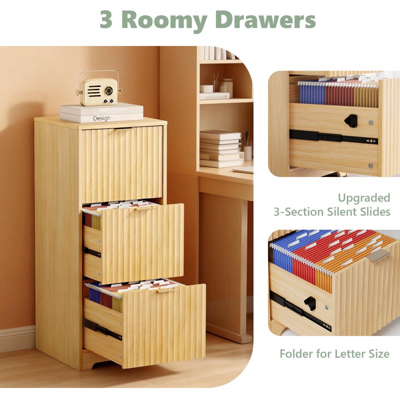 Modern 3-Drawer Wood File Cabinet for Letter Files - Vertical Storage