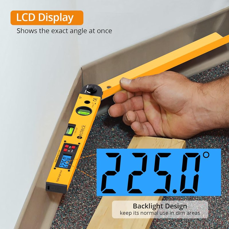Digital Angle Finder 16 Inch Aluminum Protractor with LCD Backlight for Woodworking and Construction