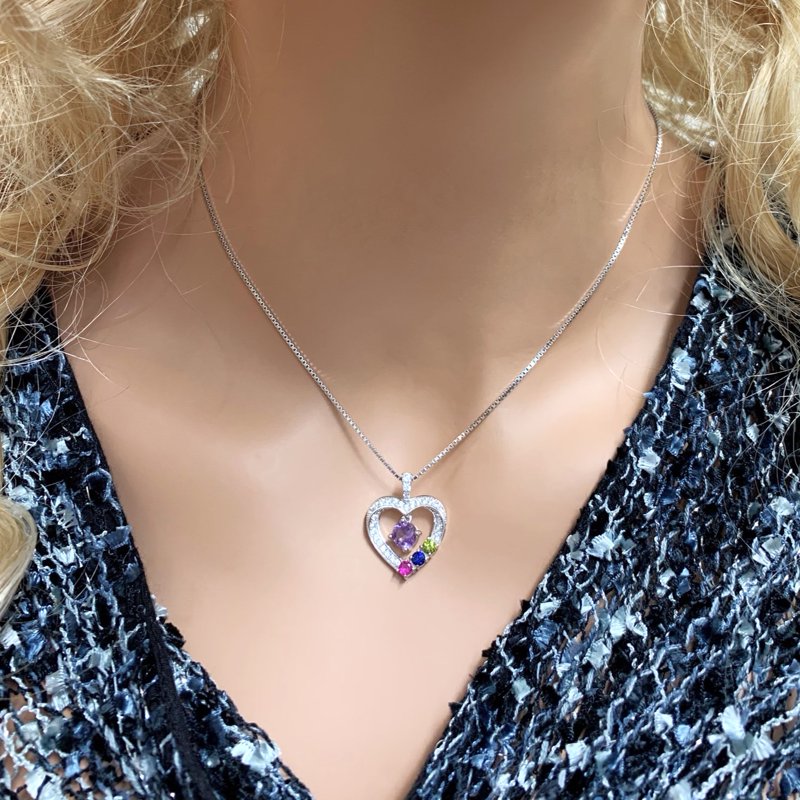 Personalized Heart Birthstone Necklace for Mother & Child - Gold Plated Sterling Silver or 10K Gold