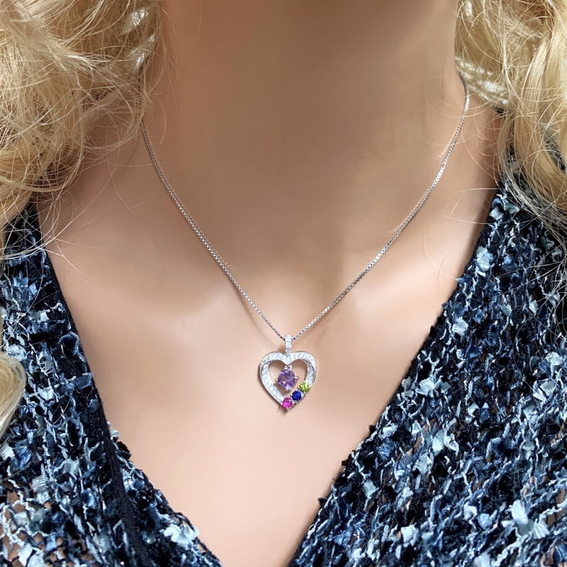 Personalized Mother & Child Heart Necklace with Birthstones and Chain