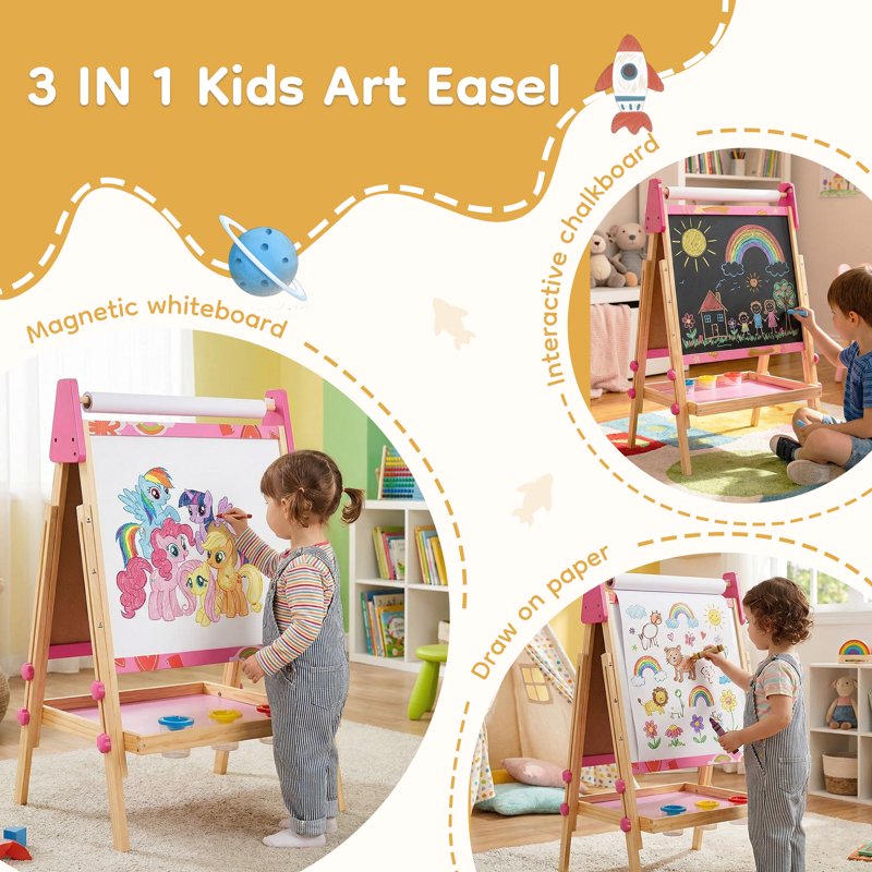 Kids Double-Sided Magnetic Whiteboard & Chalkboard Easel with Paper Roll - Adjustable, Storage Shelf & Art Supplies
