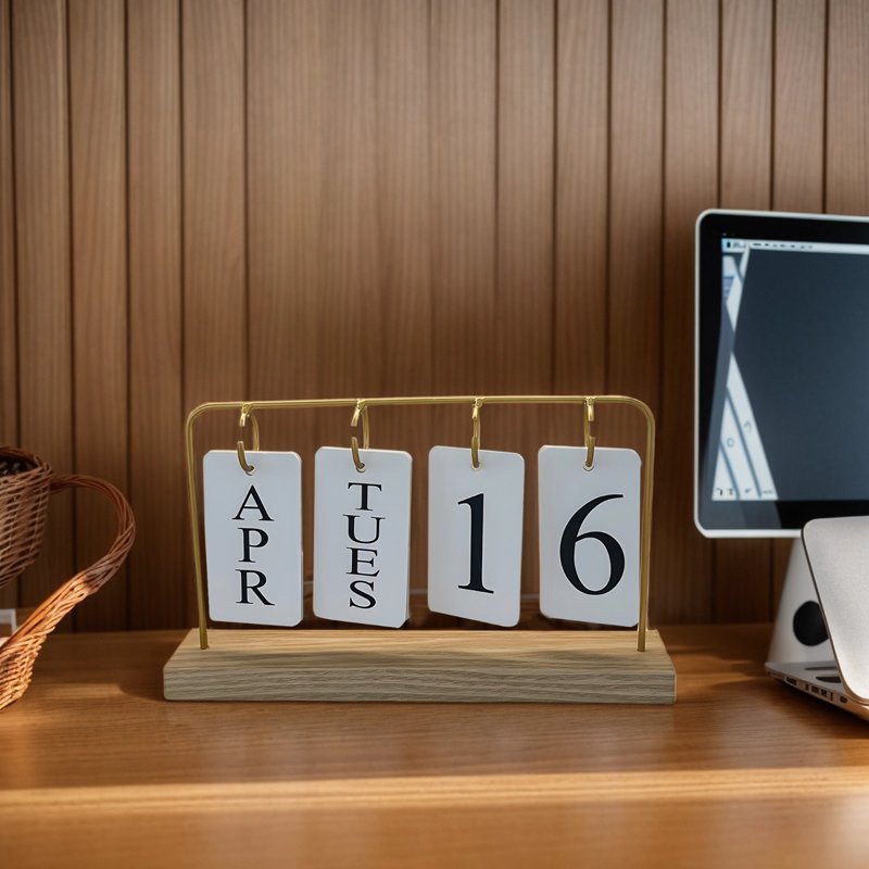 Flip Wooden Perpetual Desk Calendar with Gold Metal Frame - Modern Home Office Decor