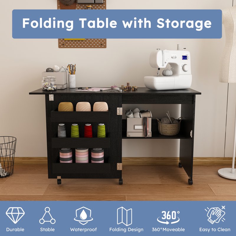 Multi-Functional Folding Sewing Table with Lockable Wheels and Storage Cabinets