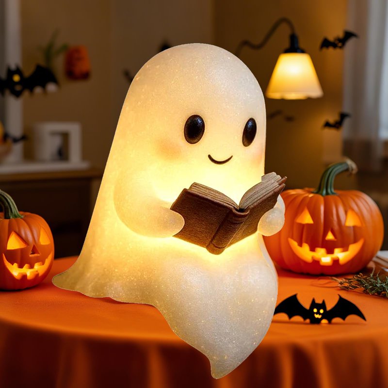 Ghost Reading Book Lamp - Light Up Ghost Statue Night Light for Home & Christmas Decor