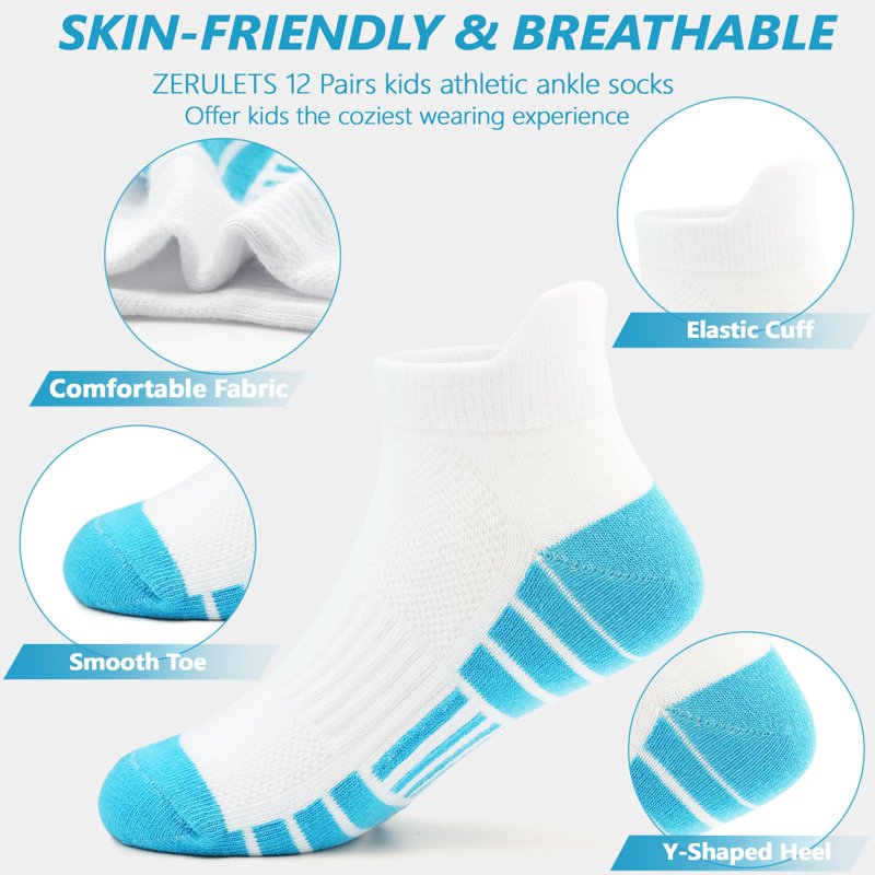 Kids Boys Socks 12 Pairs Ankle Athletic Cushioned Low Cut Socks for Toddlers & Kids