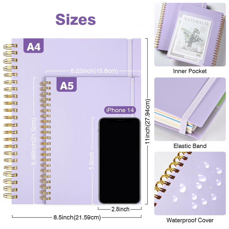 5-Subject Spiral Notebook with Dividers - A4, 300 Pages, Thick 100GSM Paper