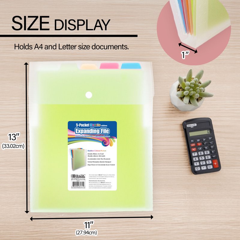 BAZIC 5-Pocket Poly Expanding File, Letter Size - 12-Pack